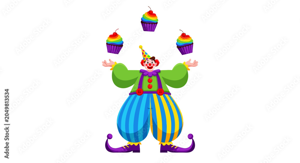 Naklejka premium Joyful Clown Juggling Rainbow Cupcakes, Party Fun, Whimsical Celebration