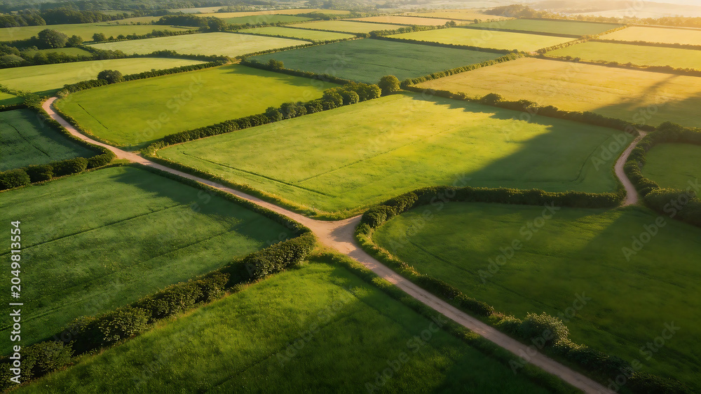 Obraz premium Aerial view of green fields and winding paths ideal for wellness retreats and mindfulness content
