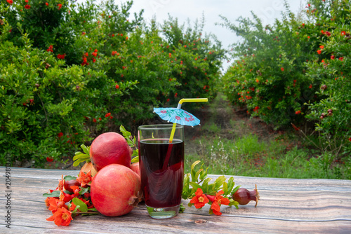 Canvastavla Photo shoots in a pomegranate orchard, featuring pomegranates, pomegranate blossoms, and pomegranate juice, with a wooden table