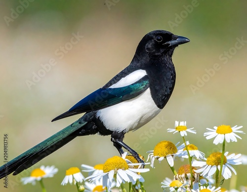 A black and white bird with a long tail perches on a cluster of white and yellow flowers