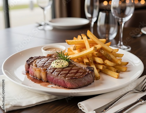 Grilled Steak with French Fries on Plate.