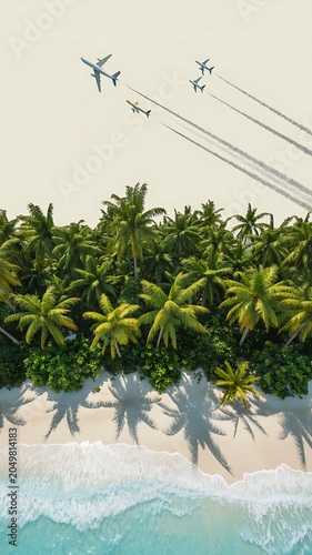 Aerial view of a tropical island with palm trees and airplanes flying overhead