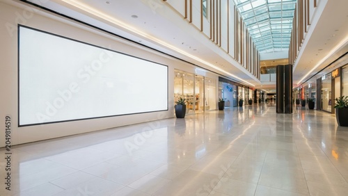 Large blank horizontal digital billboard mockup in a modern shopping mall interior