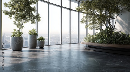 Modern Indoor Space with Floor-to-Ceiling Windows and Green Plants