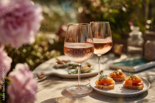 Rose Wine Glasses with Gourmet Food