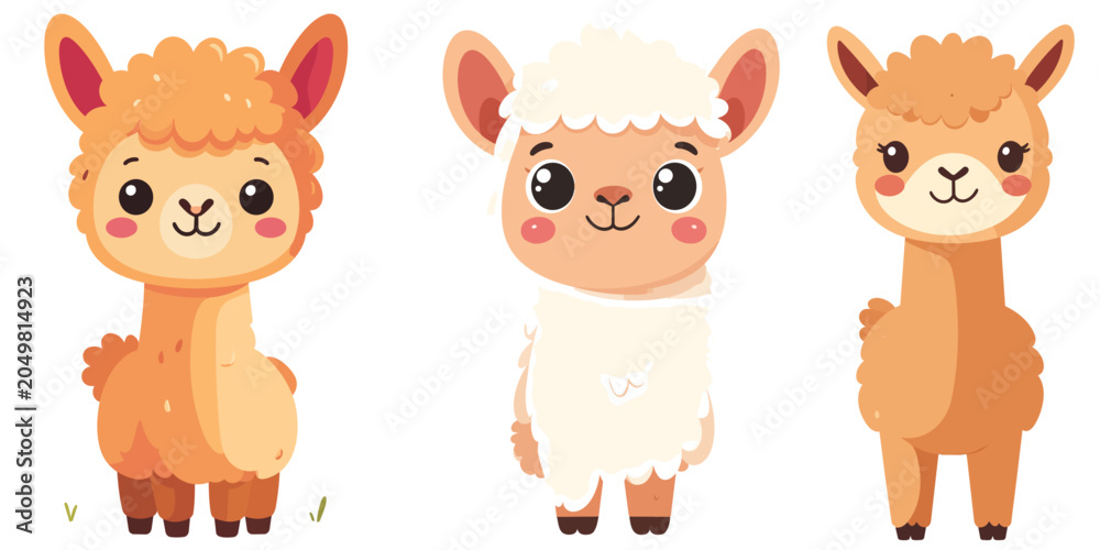 Fototapeta premium Cute Alpaca Cartoon Character Set Collection of Adorable Llama Farm Animals Vector Illustration Isolated on Transparent Background