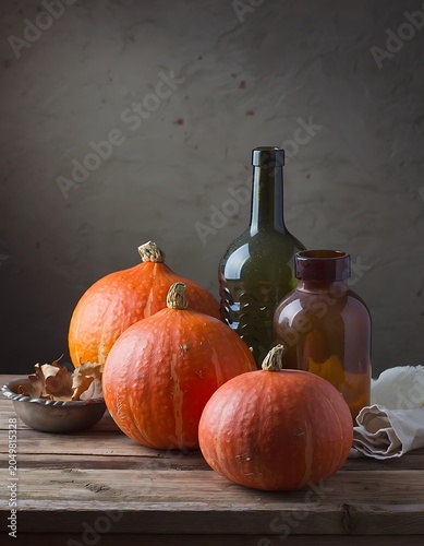 Still Life with Pumpkins and Bottles on Table.
