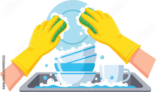 Bild auf Leinwand Hands in Yellow Gloves Washing Dishes with Sponge and Soap.