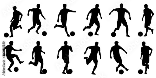 Soccer player action silhouette collection with football athletes running, kicking, dribbling and jumping poses