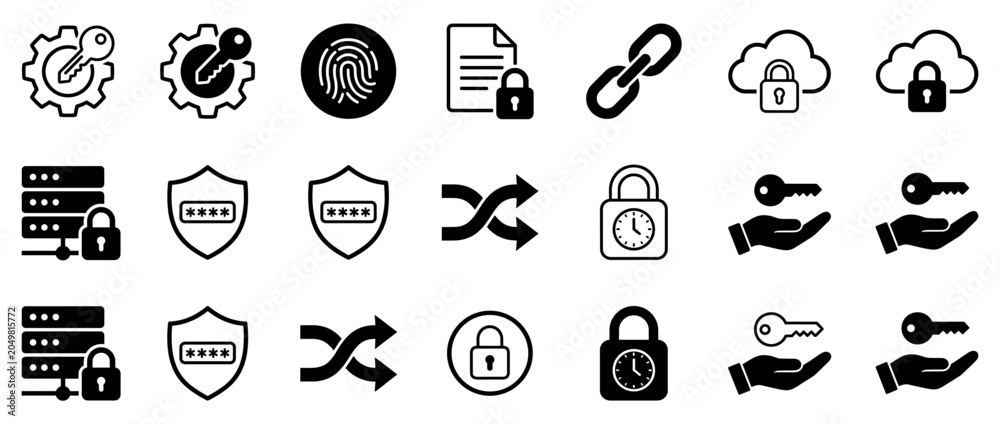 Fototapeta premium Collection of black cybersecurity icons representing digital protection, data privacy, and authentication, featuring glyph and outline symbols for lock, key, shield, and fingerprint