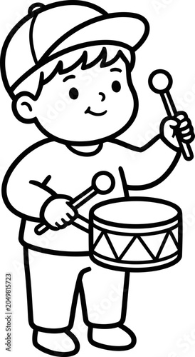 Happy Boy Playing Drum with Drumsticks, Cartoon Style, Black and White Illustration