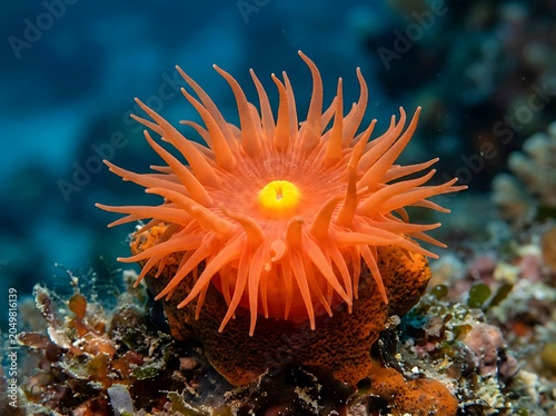 Vibrant Red Sea Anemone Underwater Close Up.