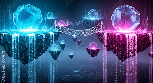 Futuristic Digital Network with Floating Geometric Shapes and Connecting Bridges in Neon Blue and Pink