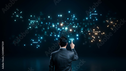Knowledge graph. Visualization of semantic network structure. Businessman organizing relationships between data and information. 