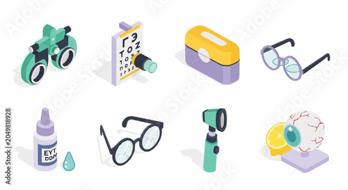 Fotografía Collection of isometric icons representing optometry and eye care equipment, including an eye chart, glasses, and an ophthalmoscope
