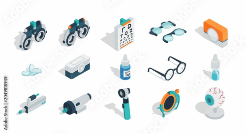 Canvastavla Collection of isometric icons representing optometry and ophthalmology equipment and tools for vision care