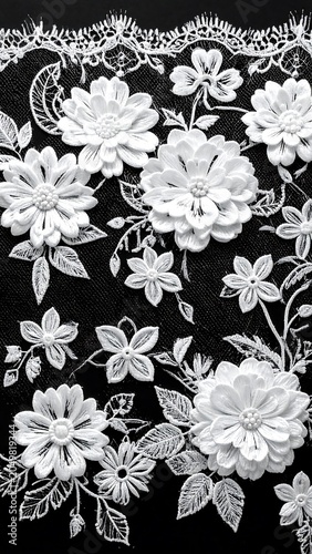 A black and white floral pattern with intricate lace details and various flowers