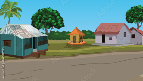 Tableau sur toile Traditional Indian Village Houses and Hay Rick with Countryside Dirt Road