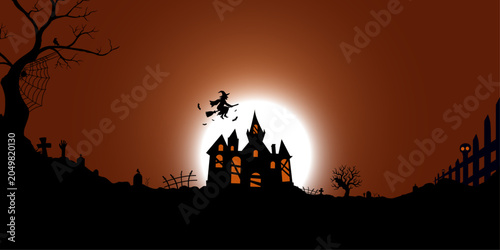 Spooky halloween night with witch flying over haunted house and graveyard under full moon