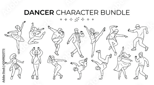 Dancer character bundle with 14 line art icons, minimalist dancing people vector set, modern ballet and street dance performer silhouettes