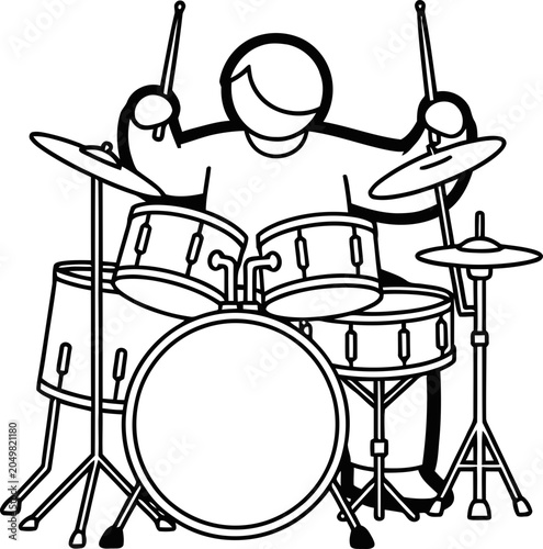 Canvas Print Happy Stick Figure Drummer Playing Drum Set with Cymbals and Sticks