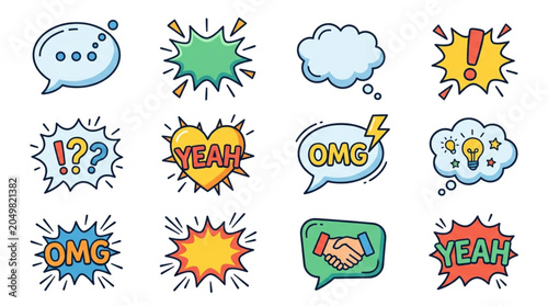Obraz na płótnie Collection of Comic Speech Bubbles with Various Messages and Icons