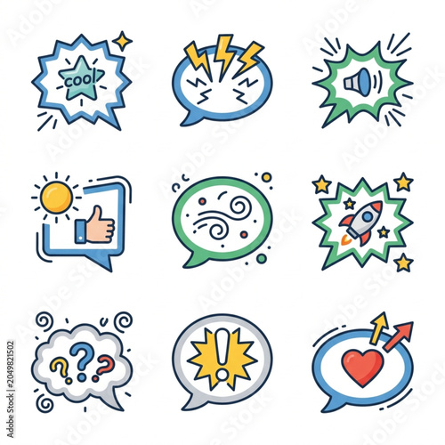 Collection of communication and idea icons in speech bubbles.