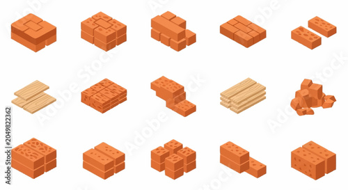 Collection of isometric bricks and building materials in various arrangements and stacks.