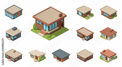 Collection of isometric houses in various architectural styles and colors.