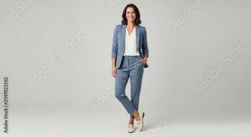 Confident Woman in Blue Business Suit Standing, Studio Portrait