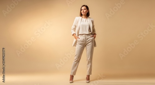 Confident Woman in Beige Business Suit Standing Against Warm Gradient Background