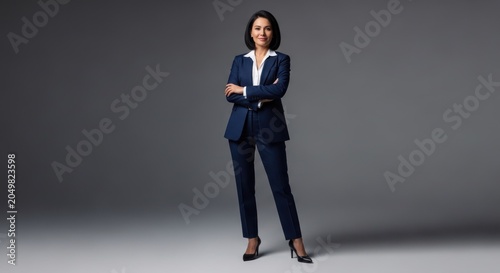 Confident businesswoman in a navy blue suit, standing with arms crossed.