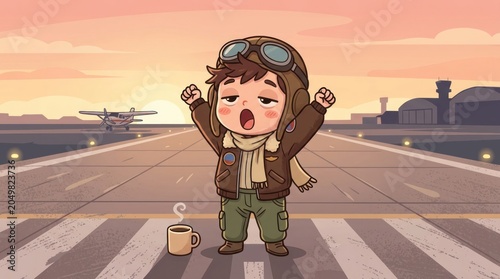Cute Cartoon Pilot Yawning on Runway with Coffee at Sunrise