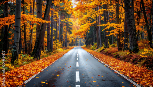 Empty paved road lined with vibrant autumn trees, fallen orange leaves scattered on asphalt, leading into a forest clearing, seasonal beauty and travel concept