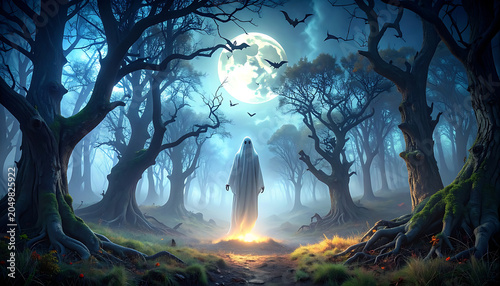 Ethereal ghost figure in a moonlit forest clearing, eerie atmosphere, mystical glow, haunting landscape, fantasy scene