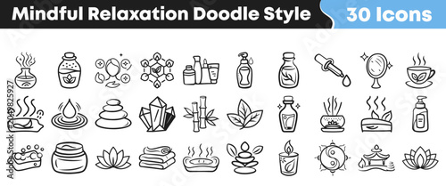 Photos Set of thirty hand drawn mindful relaxation and spa icons