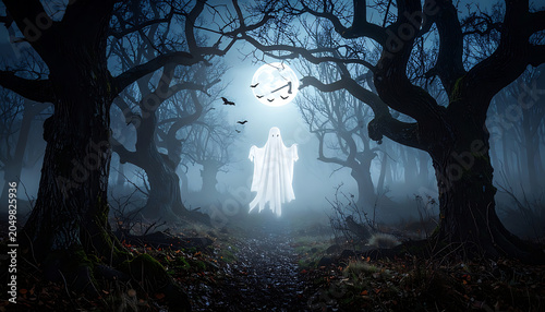 Ethereal ghost floating in a dark, misty forest under a full moon, spooky atmosphere, halloween theme, digital art