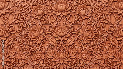 Intricate terracotta relief carving with traditional floral and ornamental patterns, creating a beautiful textured background.