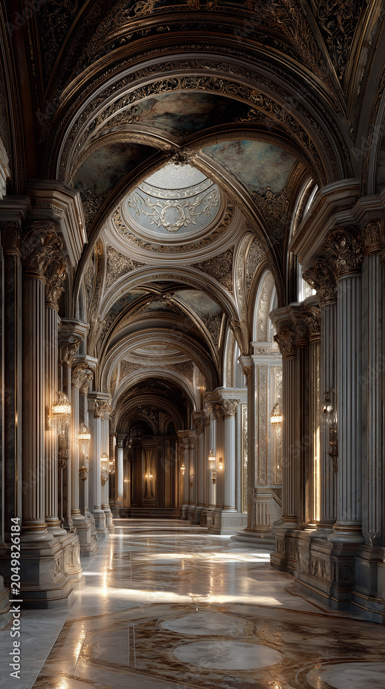 Obraz premium Opulent interior of a grand palace corridor featuring baroque golden arches, marble columns, elegant wall lamps, a small dome, and highly reflective patterned marble flooring.