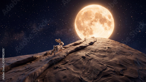 White rabbit running up a textured hill towards a glowing full moon in a starry night.