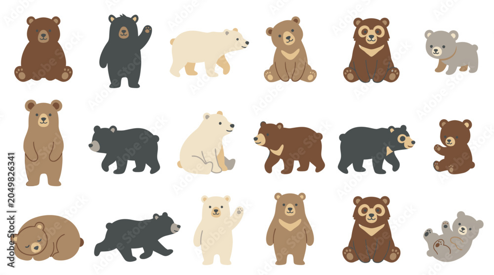 Obraz premium Collection of cute cartoon bears in various poses and colors, including brown, black, and polar bears.