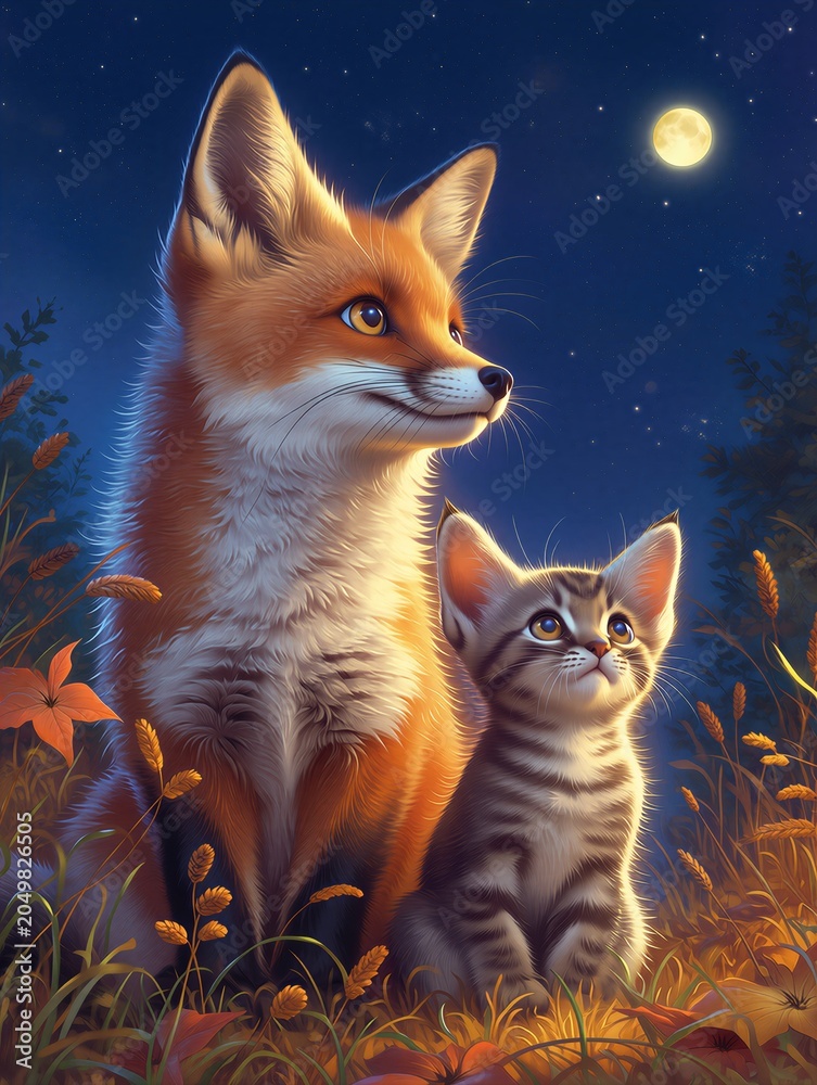Naklejka premium Red fox and tabby kitten sitting together looking at the moon and stars. Vertical illustration of wild and domestic animals in a grassy autumn field at night. Storybook friendship concept