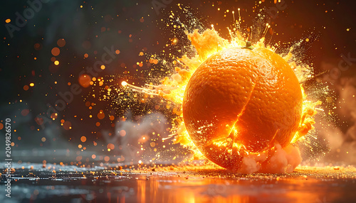 Exploding orange with fire and sparks, dynamic motion, energetic impact, high speed photography, bright citrus fruit, dark background, abstract energy