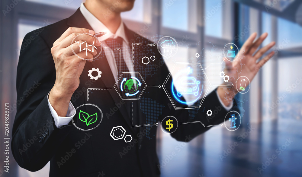 Fototapeta premium Professional business person using holographic interface technology to represent innovation, sustainability, and finance in modern corporate environment. Entropy.