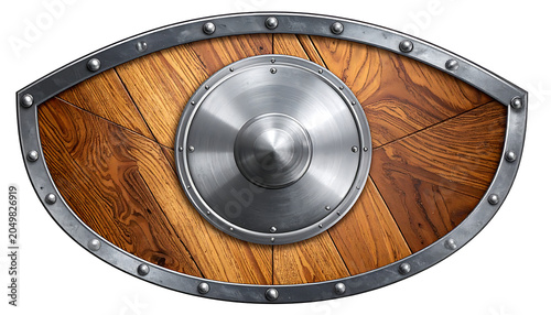 Eye-shaped wooden shield with metal rim and central metal boss, a protective iris design, ancient defense concept