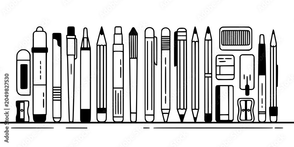 Obraz premium Writing Instruments Including Pens, Pencils, Markers, and Erasers Arranged Neatly on a Surface Featuring Highlighters, Drawing Tools, Office Supplies