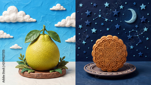 Clay art depiction of pomelo fruit and mooncake, symbolizing Mid-Autumn Festival traditions.