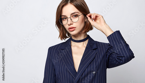 Elegant woman with stylish glasses and a dotted blazer, posing with a subtle expression, fashion and beauty portrait