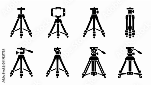 Camera Tripod Icons Set Silhouette Photography Equipment