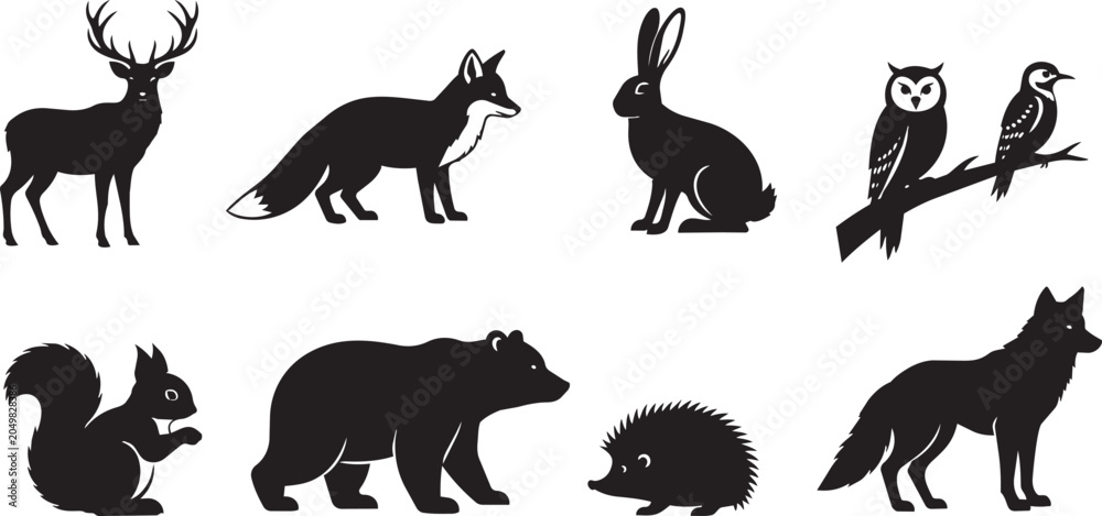 Obraz premium Forest Animal Silhouettes Icon Set in Minimalist Black and White Style